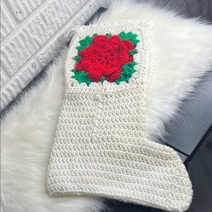 Crochet Christmas Stocking with Red Flower Handmade